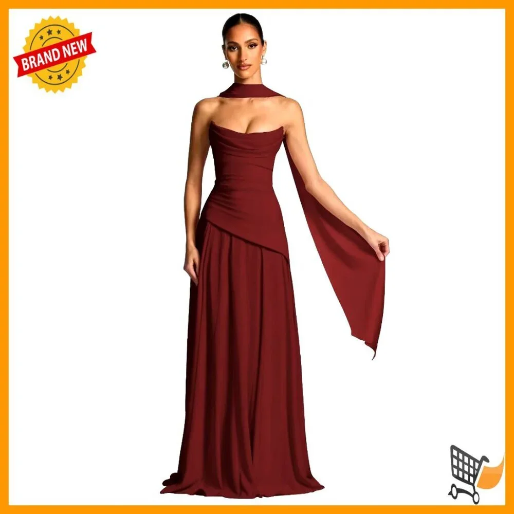 Strapless Satin A-Line Formal Dress with Scarf, Floor Length Bridesmaid Gown